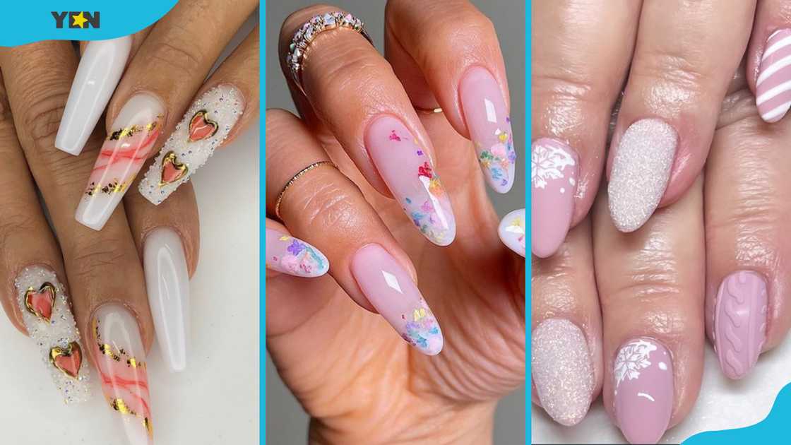 Valentine's milky nails (L), gradient softness of milky pink almond nails (M), milky nails with colourful flowers (R)