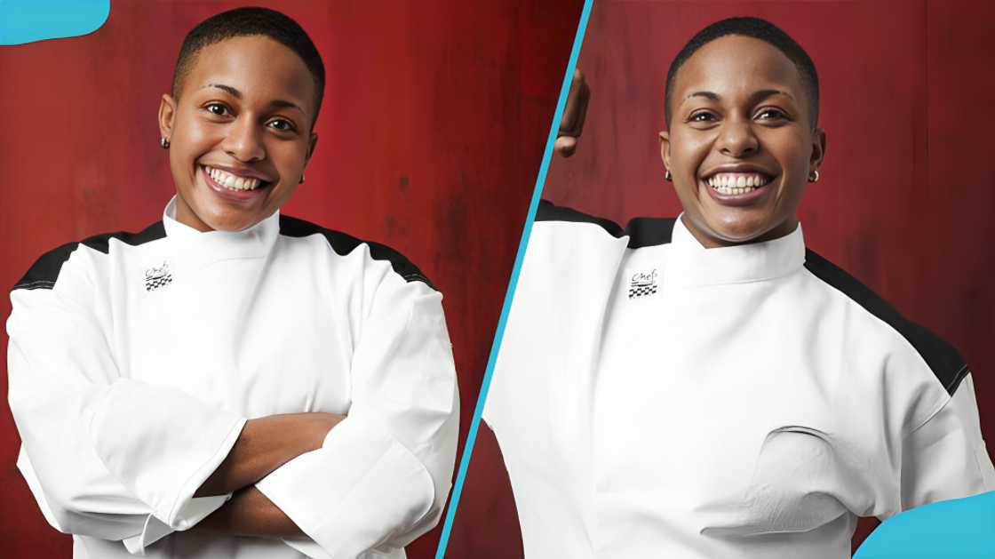 La Tasha McCutchen smiling in a chef's white uniforms La Tasha McCutchen smiling in a chef's white uniforms