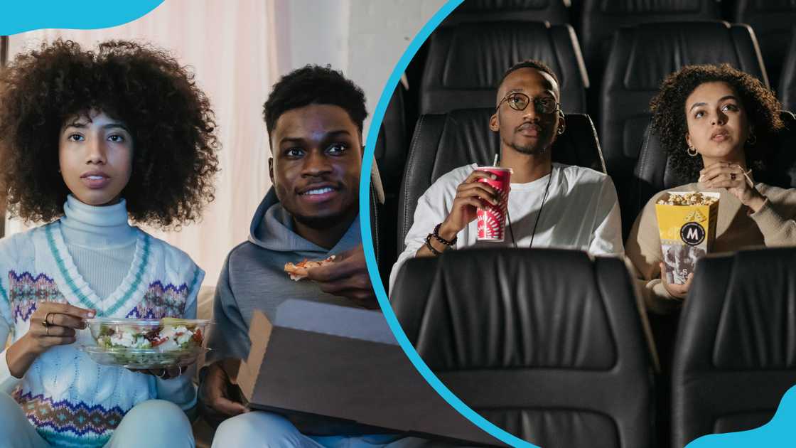 Two couples watching movies at home and inside a theatre