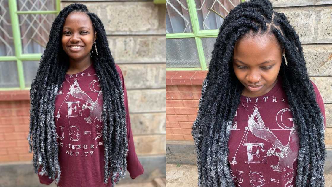A happy women in Grey distressed kinky locs A happy women in Grey distressed kinky locs