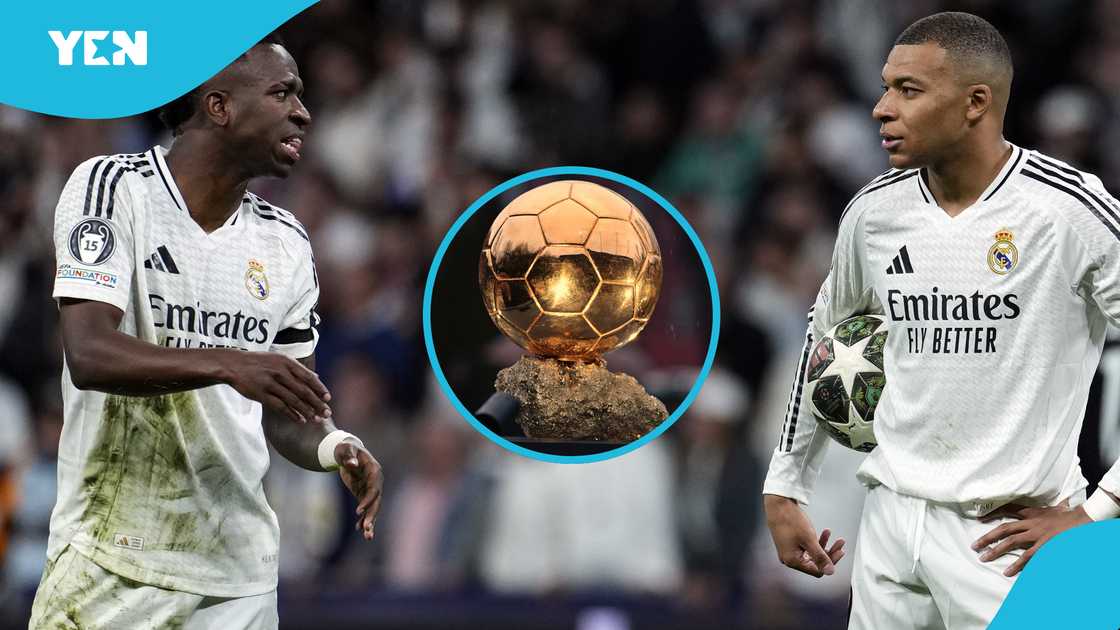 Kylian Mbappe' of Real Madrid and Vinicius Junior of Real Madrid reacts during the UEFA Champions League 2024/25 Quarter Final Second Leg match between Real Madrid C.F. and Arsenal FC at Estadio Santiago Bernabeu on April 16, 2025 in Madrid, Spain Kylian Mbappe' of Real Madrid and Vinicius Junior of Real Madrid reacts during the UEFA Champions League 2024/25 Quarter Final Second Leg match between Real Madrid C.F. and Arsenal FC at Estadio Santiago Bernabeu on April 16, 2025 in Madrid, Spain
