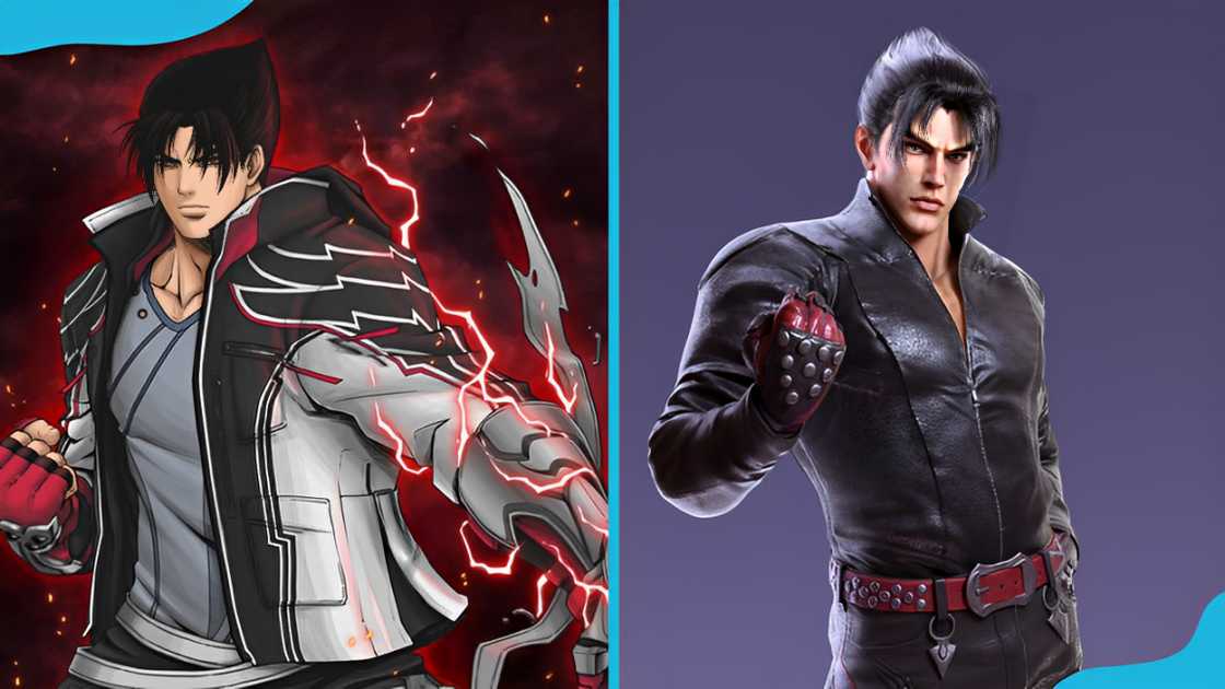 Jin Kazama in an action pose with red fiery aura (L) and in a black latex costume (R)