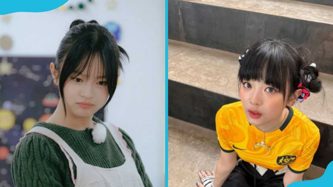 Hanni is on a blurry background (L). The vocalist poses for a photo on the stairs (R) Hanni is on a blurry background (L). The vocalist poses for a photo on the stairs (R)