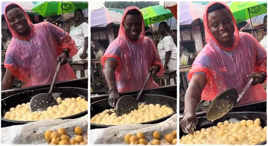 Photos of a man frying puff puff.