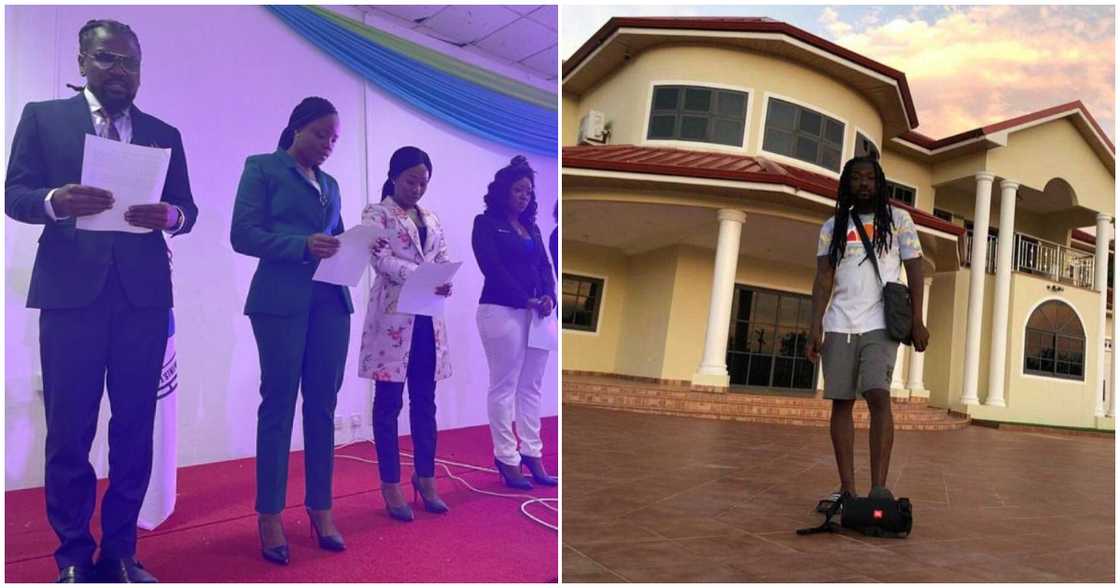 Swearing-in ceremony of Samini as SRC President (left) and the musician posing in front of his beautiful home