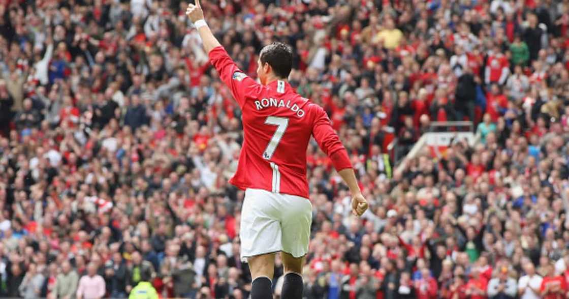 Cristiano Ronaldo celebrates scoring during the Barclays Premier League match between Manchester United and Manchester City at Old Trafford on May 10 2009 in Manchester, England. (Photo by Chris Coleman/Manchester United via Getty Images)