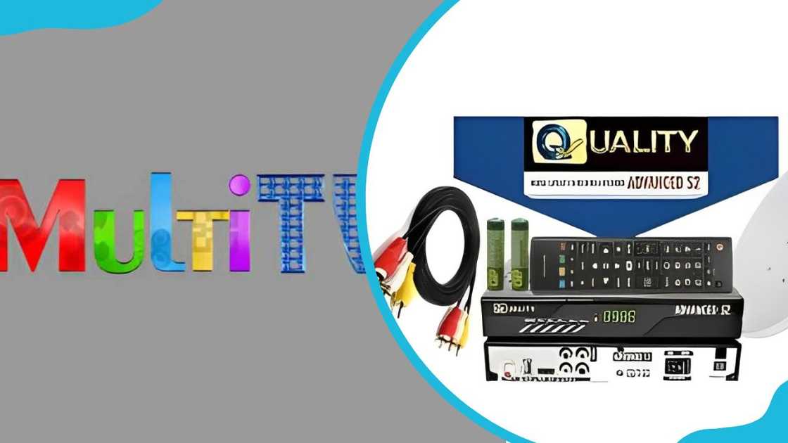 The Multi TV logo and TV decorder, remote and connection cables.