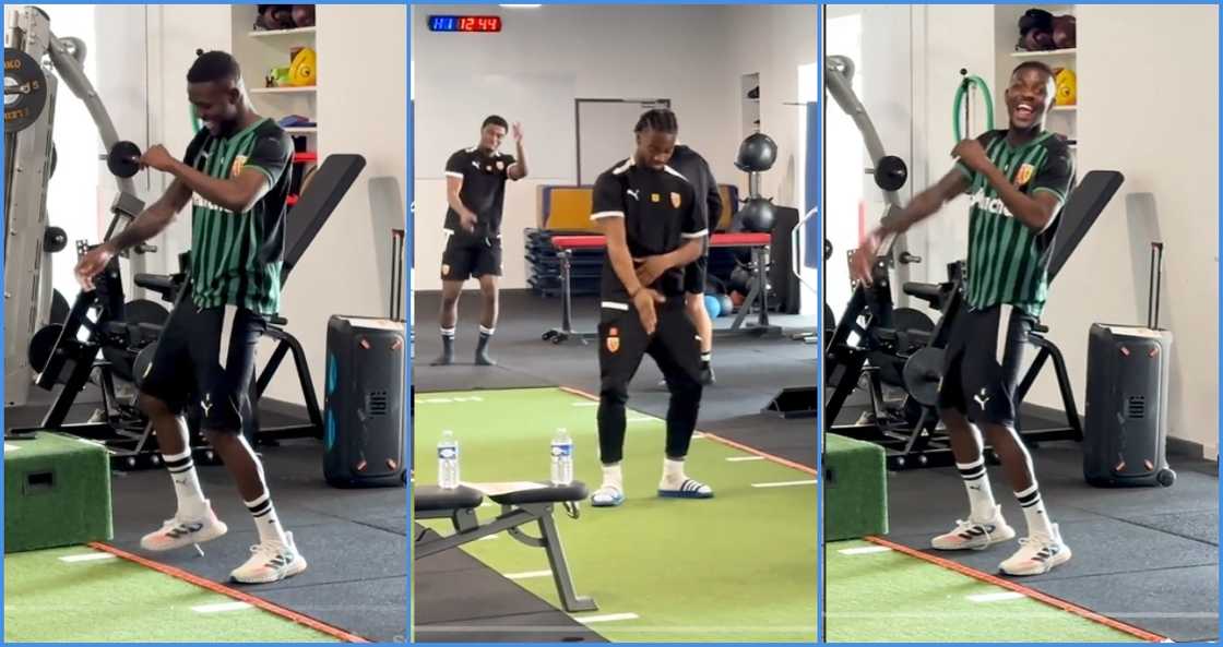 Salis Abdul Samed dances with teammates at training facility of RC Lens