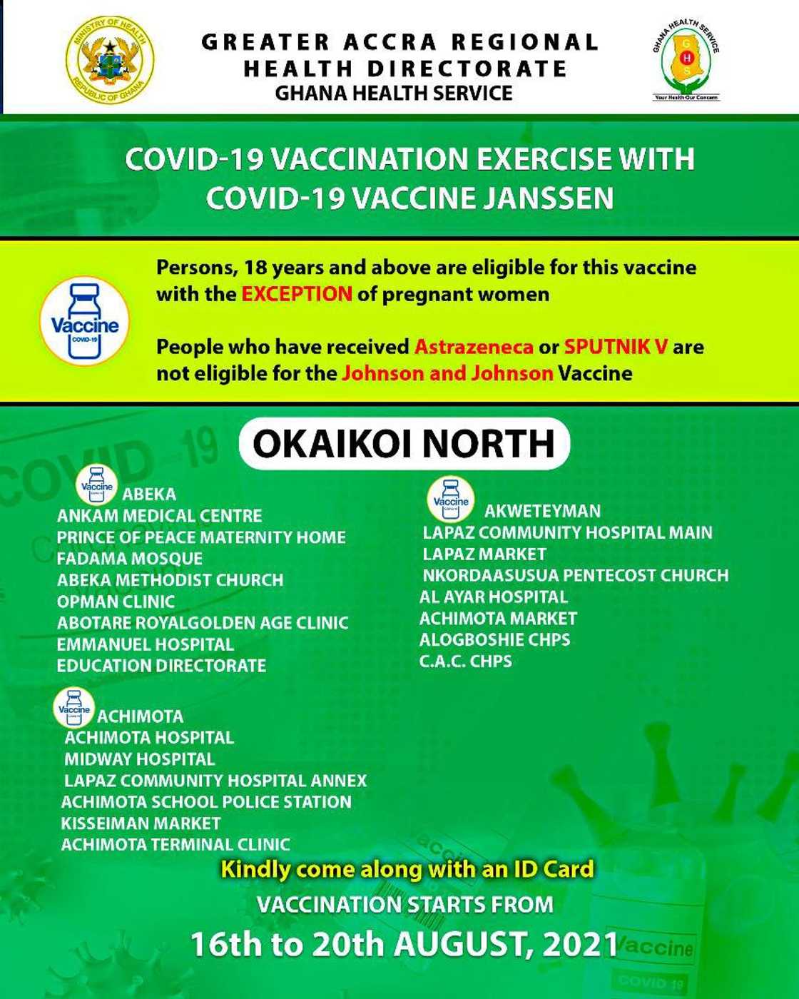 Ga South, 6 other designated districts to give Johnson and Johnson vaccine jab Ga South, 6 other designated districts to give Johnson and Johnson vaccine jab