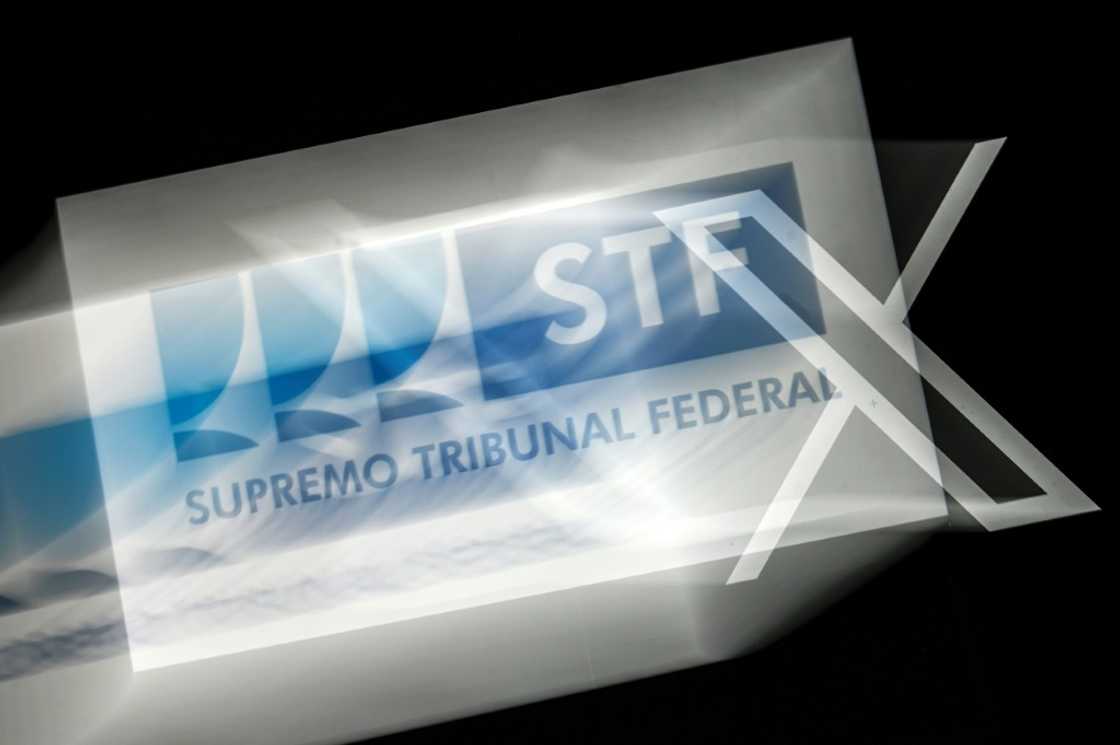 This illustration photo taken on August 29, 2024 shows the logos of the Federal Supreme Court (L) of Brazil and social media platform X (formerly Twitter) on a screen in Rio de Janeiro, Brazil.