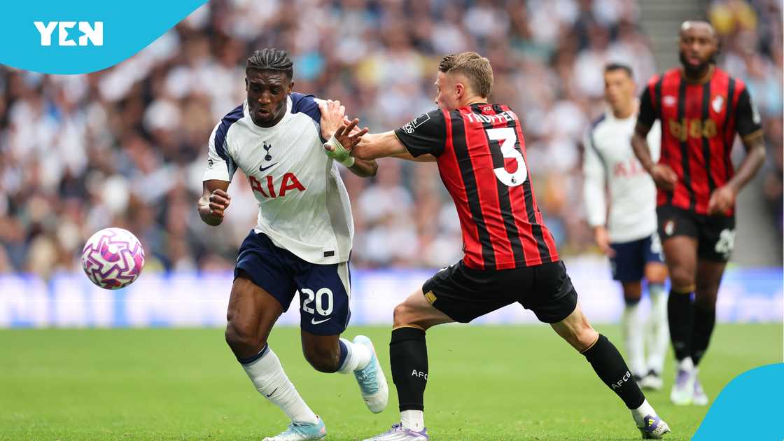 Mohammed Kudus tries to dribble past Bournemouth's Adrien Truffert. Photo by Julian Finney. Mohammed Kudus tries to dribble past Bournemouth's Adrien Truffert. Photo by Julian Finney.