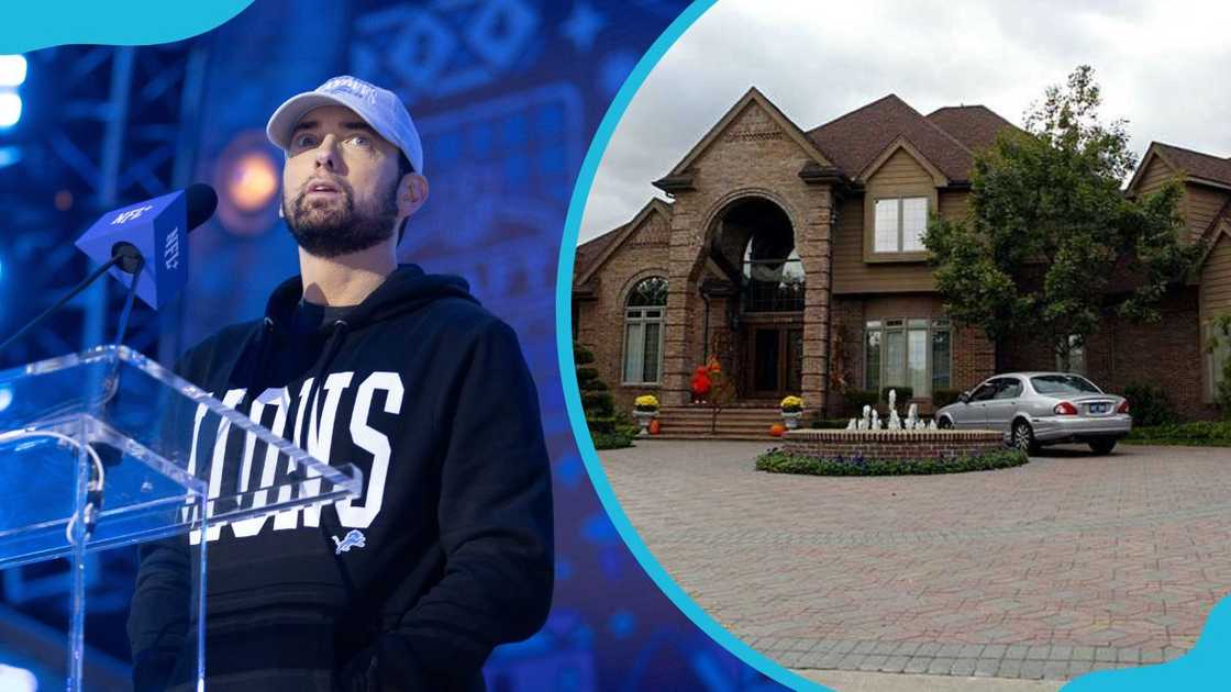 Eminem giving a speech and an exterior view of his house in Clinton Township Eminem giving a speech and an exterior view of his house in Clinton Township