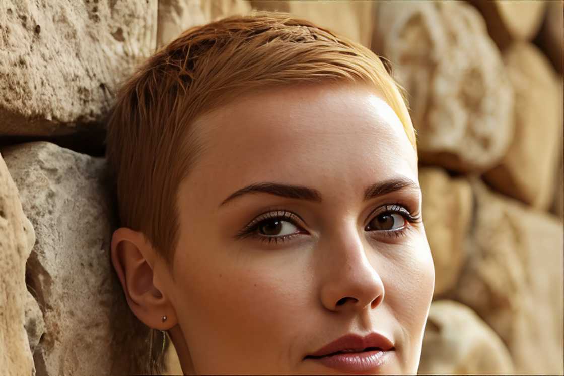 A woman with honey, ginger, short hair and a simple pixie cut stands against a stone wall.