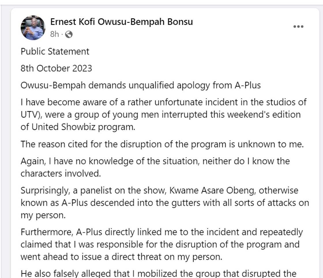 Owusu-Bempah's demand for apology. Owusu-Bempah's demand for apology.
