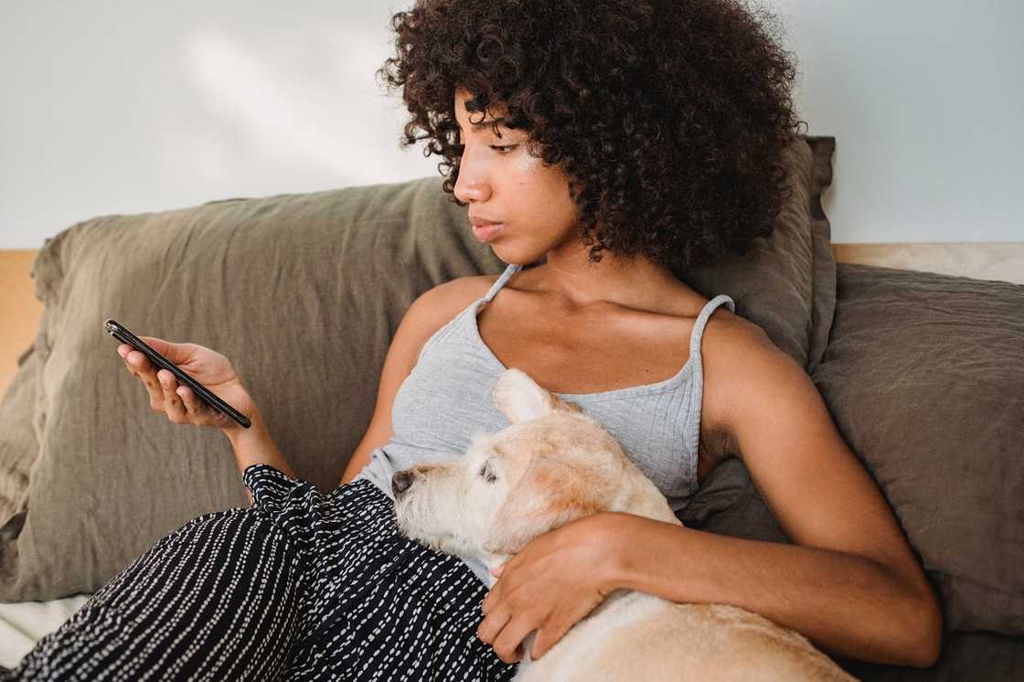 A woman sits on a sofa after a phone call, staring at her phone with an uneasy expression. A woman sits on a sofa after a phone call, staring at her phone with an uneasy expression.