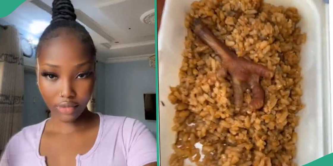 Lady shows jollof rice served a party. Lady shows jollof rice served a party.