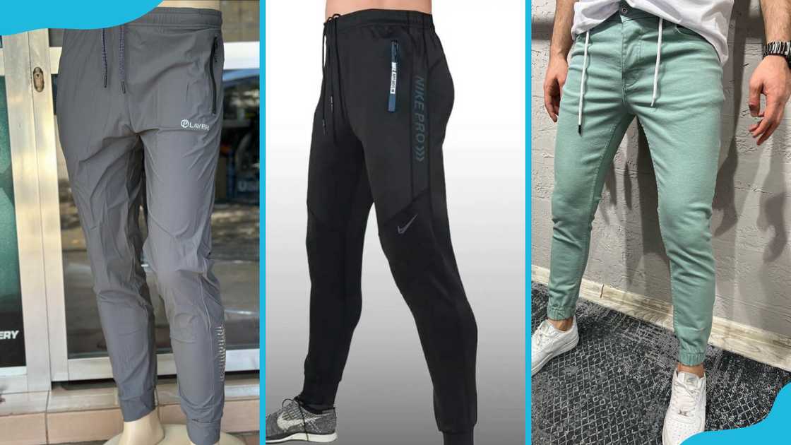 Three variations of joggers in grey (L), black (C) and teal (R). Three variations of joggers in grey (L), black (C) and teal (R).