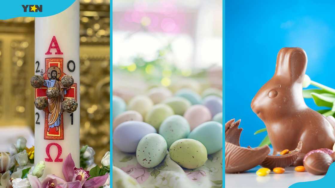 The Paschal Candle, easter eggs and chocolate bunny which are considered symbols of Easter