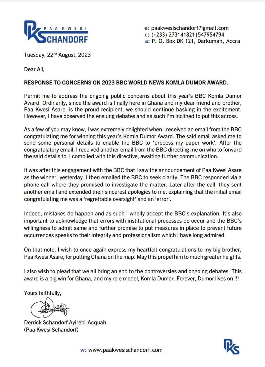 Ghanaian journalist Paa Kwesi Schandorf's press release on 2023 BBC award. Ghanaian journalist Paa Kwesi Schandorf's press release on 2023 BBC award.