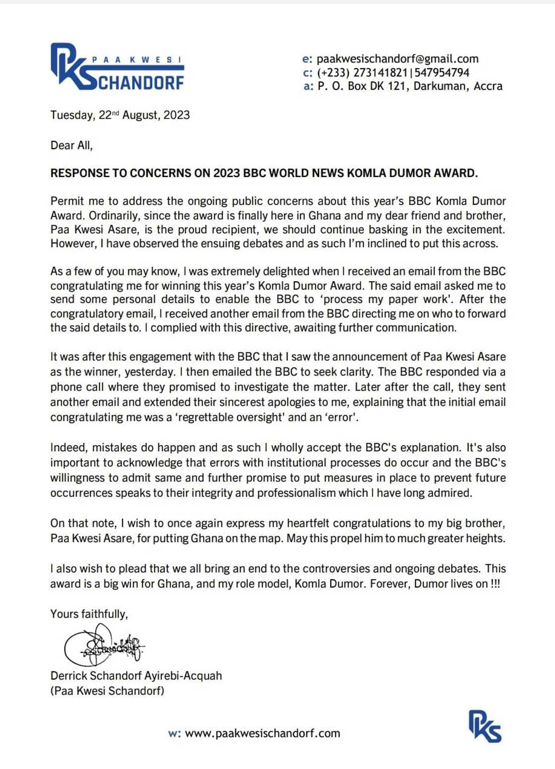 Ghanaian journalist Paa Kwesi Schandorf's press release on 2023 BBC award.