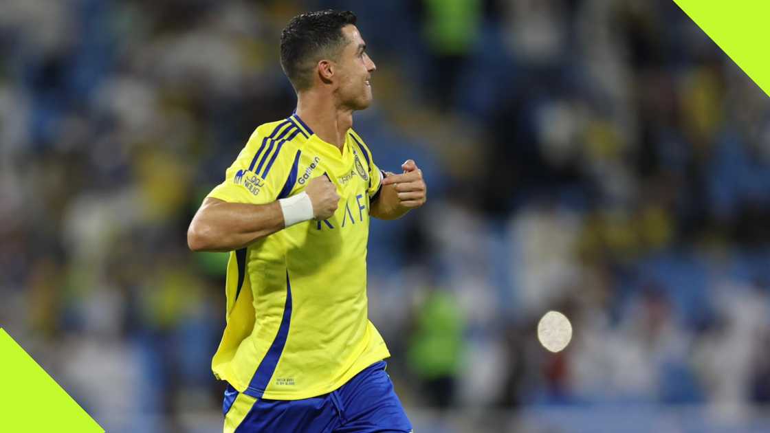 Cristiano Ronaldo wheels away in celebration after netting in the Saudi Pro League.