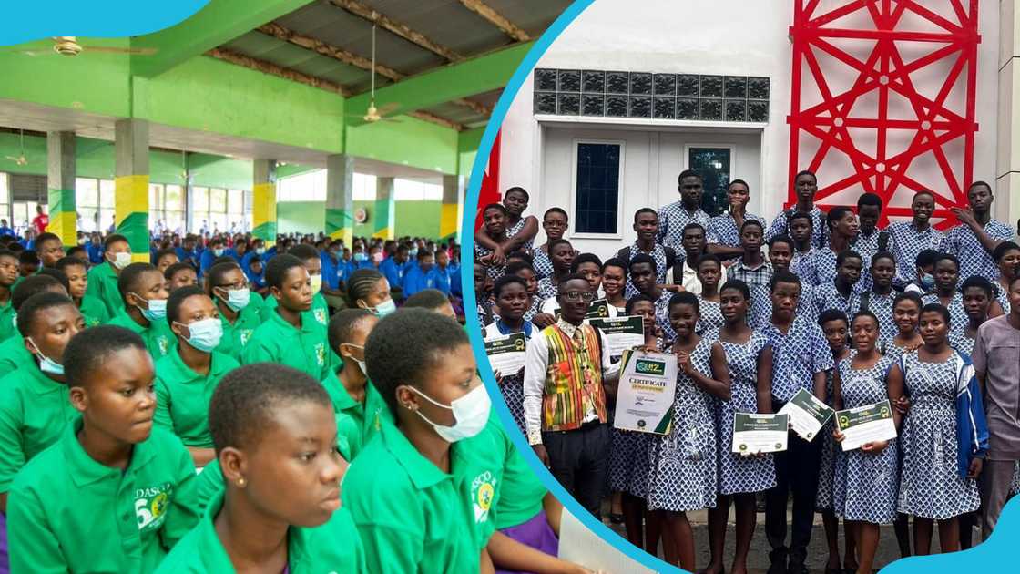 Students from Ada Senior High School listening to a speech and those from Wesley Grammar School showing certificates after a contest Students from Ada Senior High School listening to a speech and those from Wesley Grammar School showing certificates after a contest