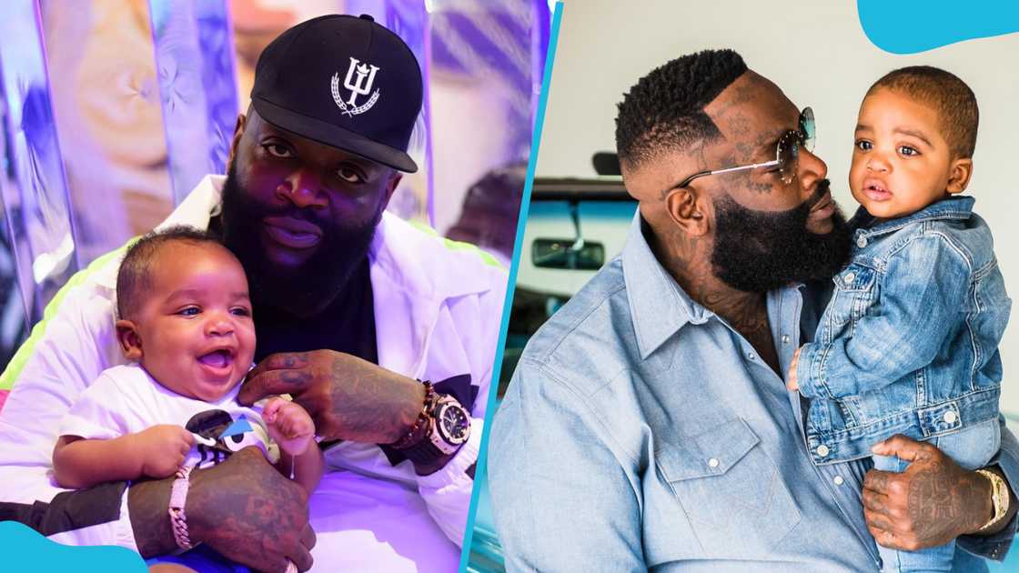 Rick Ross holds son Billion sitting on his lap (L) and he holds Billion in his arms (R).