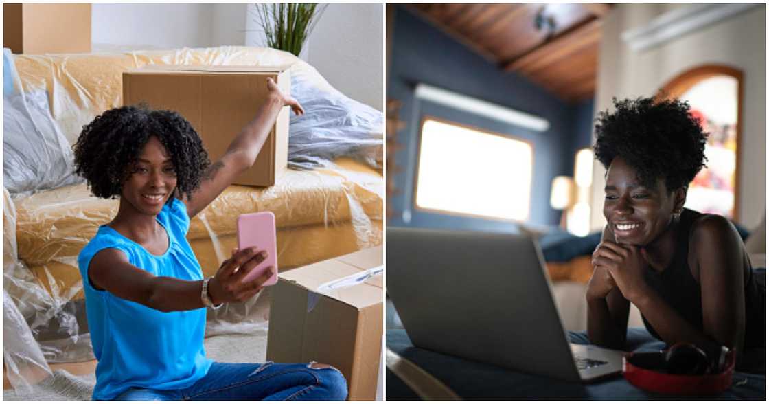 A lady (right) smiles as a relative (left) shows her the apartment she has rented on her behalf