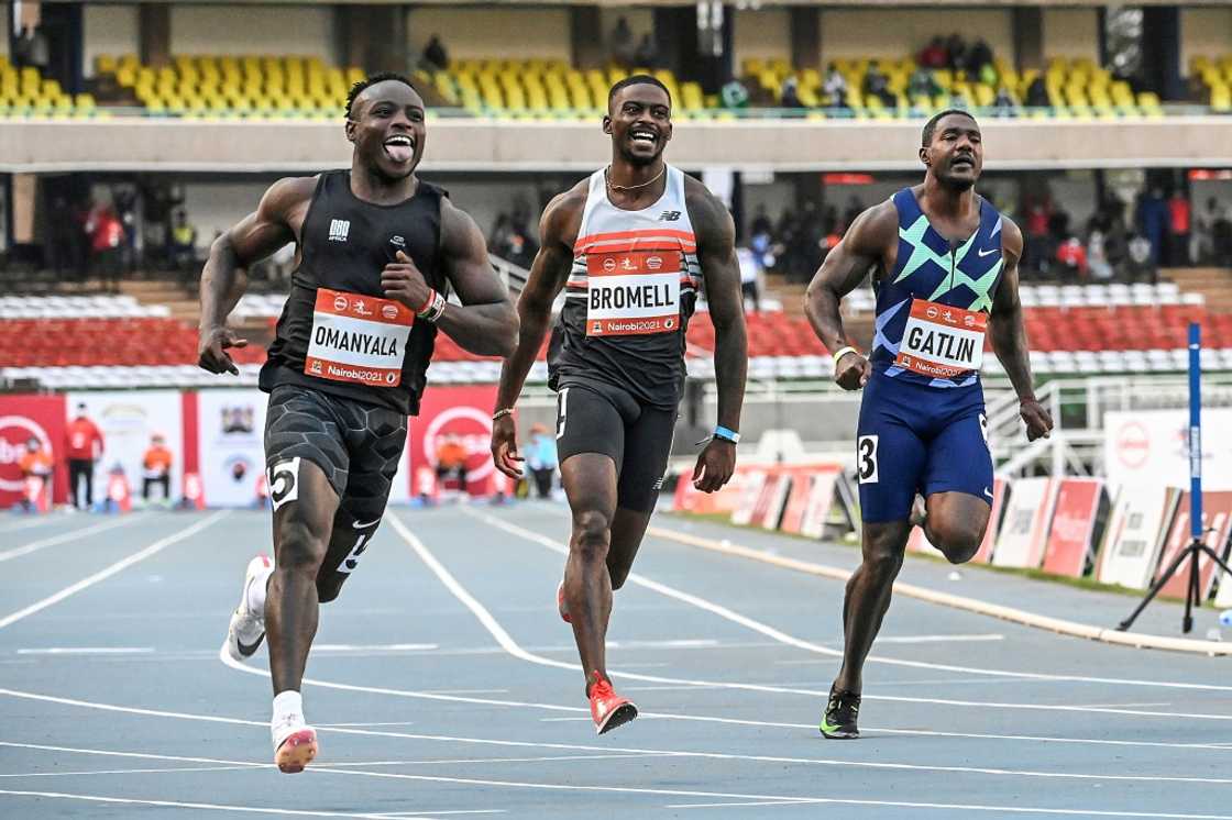 Ferdinand Omanyala (left), with Bromell Trayvon and Justin Gatlin of the US, became Africa's fastest man in September 2021 at an event in Nairobi Ferdinand Omanyala (left), with Bromell Trayvon and Justin Gatlin of the US, became Africa's fastest man in September 2021 at an event in Nairobi