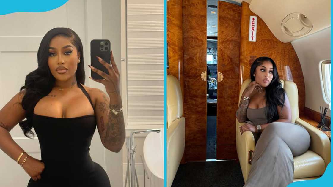 Fantana in a black dress taking a mirror selfie and in a grey outfit inside a plane Fantana in a black dress taking a mirror selfie and in a grey outfit inside a plane