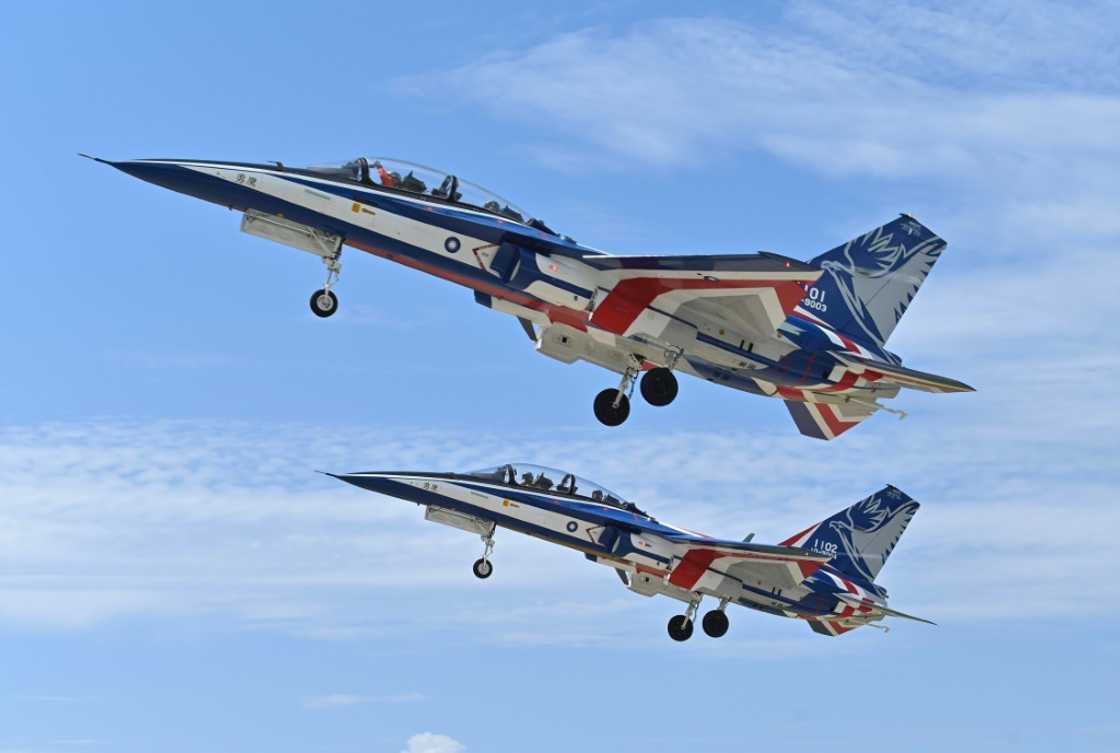 Locally-built TA-5 Brave Eagle advanced jet trainers of the Taiwanese Air Force take off at an air force base in Taitung, eastern Taiwan, on July 6, 2022