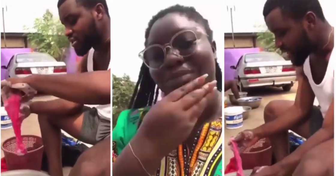 Lady flaunts 'romantic' boyfriend washing her pant; man hides his face in video Lady flaunts 'romantic' boyfriend washing her pant; man hides his face in video