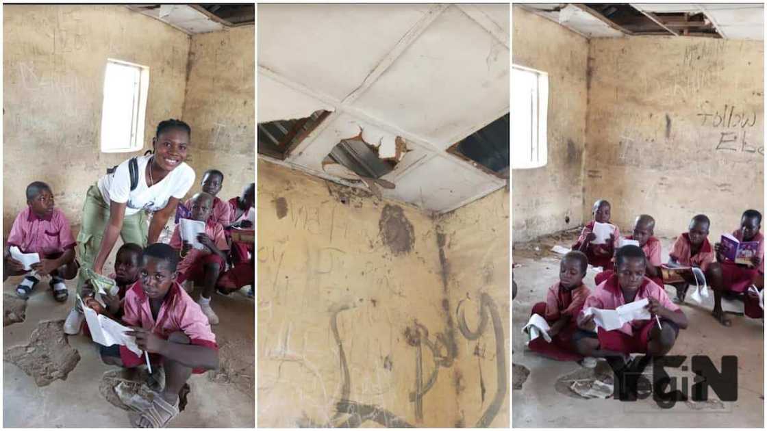 The classroom is tattered with a broken ceiling.