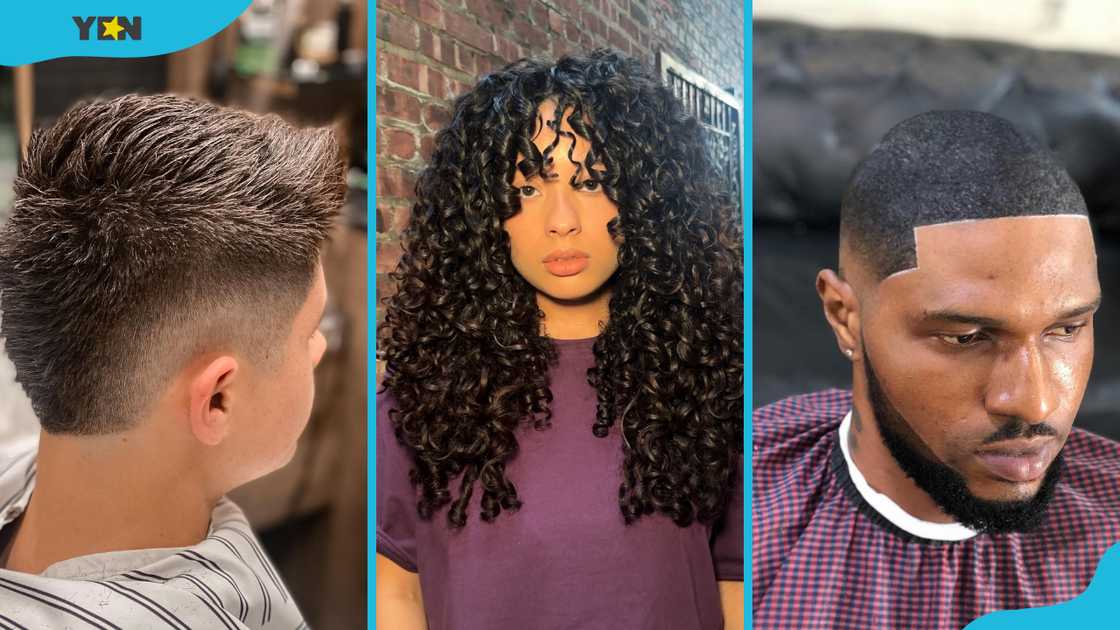 Faux hawk (L), curls (M), and buzz cut (R) hairstyles