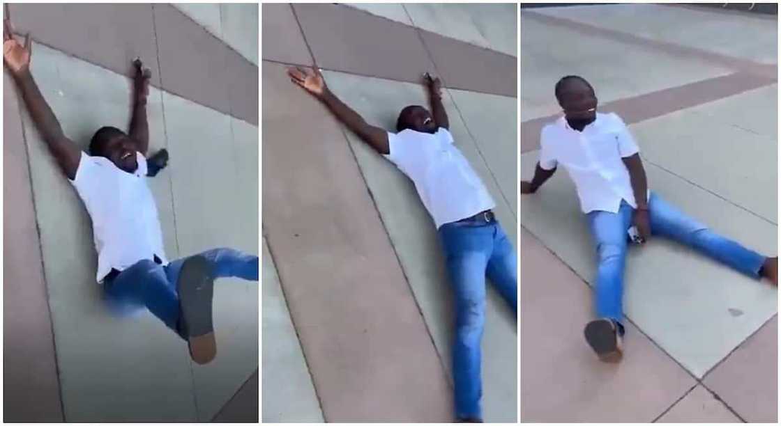 Photos of a Nigerian man lying on the ground to celebrate his arrival in Canada.