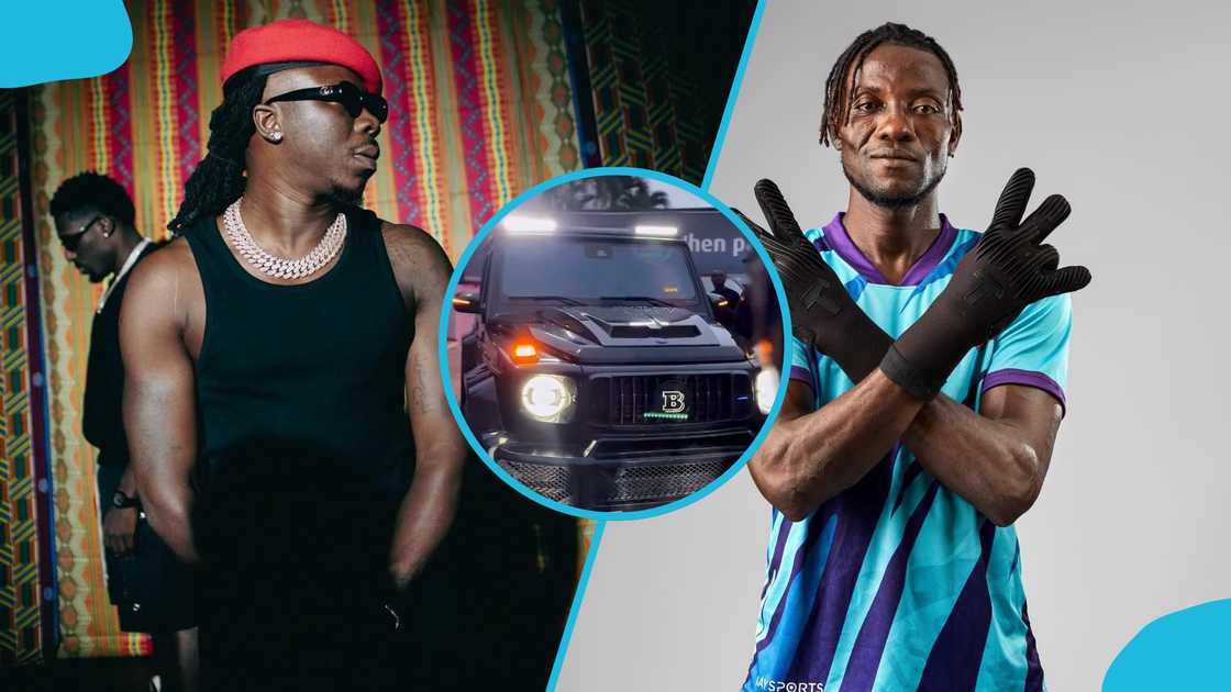 Stonebwoy storms the Accra Sports Stadium in his GHS 3.1 million Brabus-tuned Mercedes-Benz G-Wagon ride. Photo credit: stonebwoy/Instagram, @cdrafrica/X and @HeartsOfOakGH/X.