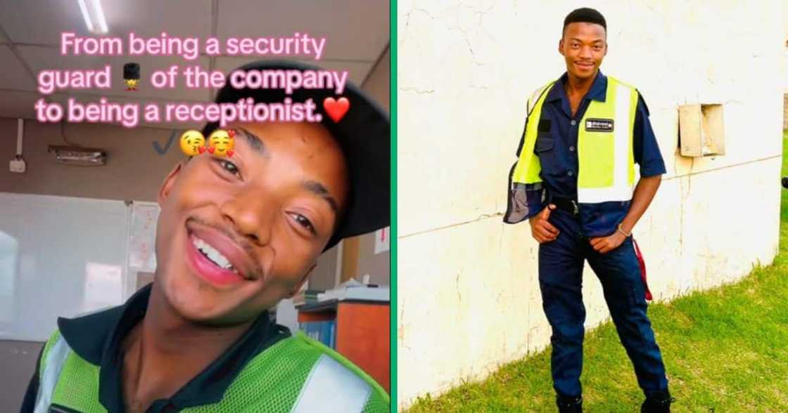 A young man expressed his joy at being promoted from guard to receptionist. A young man expressed his joy at being promoted from guard to receptionist.