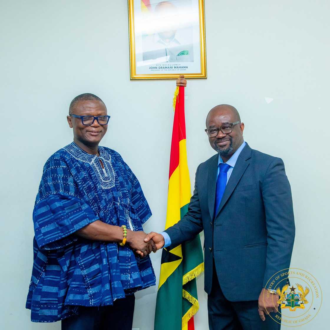 The GFA President Kurt Okraku (right) and the Sports and Recreation minister Kofi Adams shaking hands after a meeting The GFA President Kurt Okraku (right) and the Sports and Recreation minister Kofi Adams shaking hands after a meeting