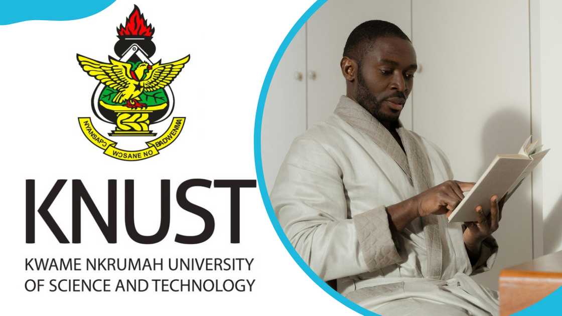 The KNUST logo and a man in a bathrobe reading a book