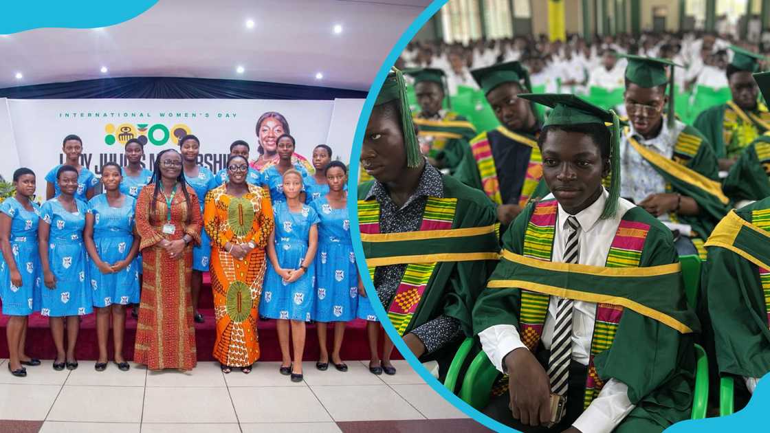 Staff and uniformed Yaa Asantewaa Girls’ High School students standing and 2023/24 Prempeh College graduates Staff and uniformed Yaa Asantewaa Girls’ High School students standing and 2023/24 Prempeh College graduates