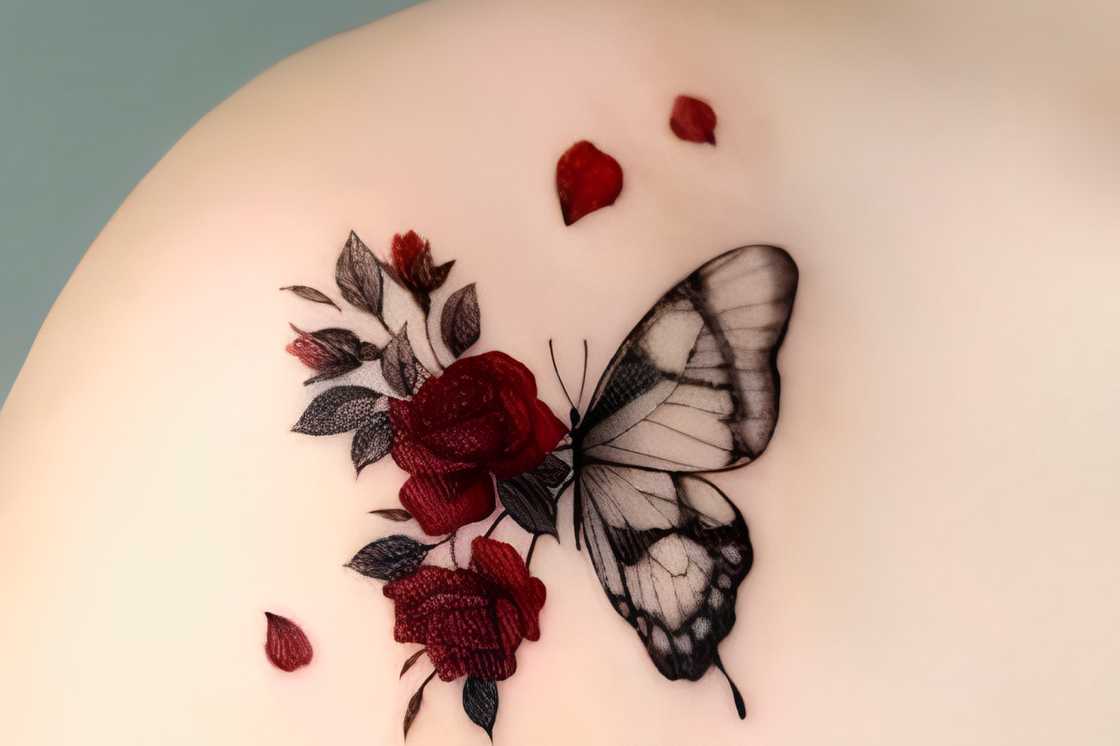 Red roses and grey and black butterfly shoulder tattoo Red roses and grey and black butterfly shoulder tattoo