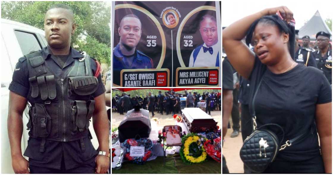 Police officer who died with his wife and child in fire buried. Police officer who died with his wife and child in fire buried.