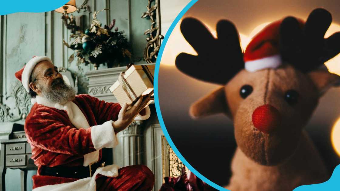 A man in Santa's iconic red suit holds a gift box (L). Rudolph the Red-Nosed Reindeer plush toy (R) A man in Santa's iconic red suit holds a gift box (L). Rudolph the Red-Nosed Reindeer plush toy (R)