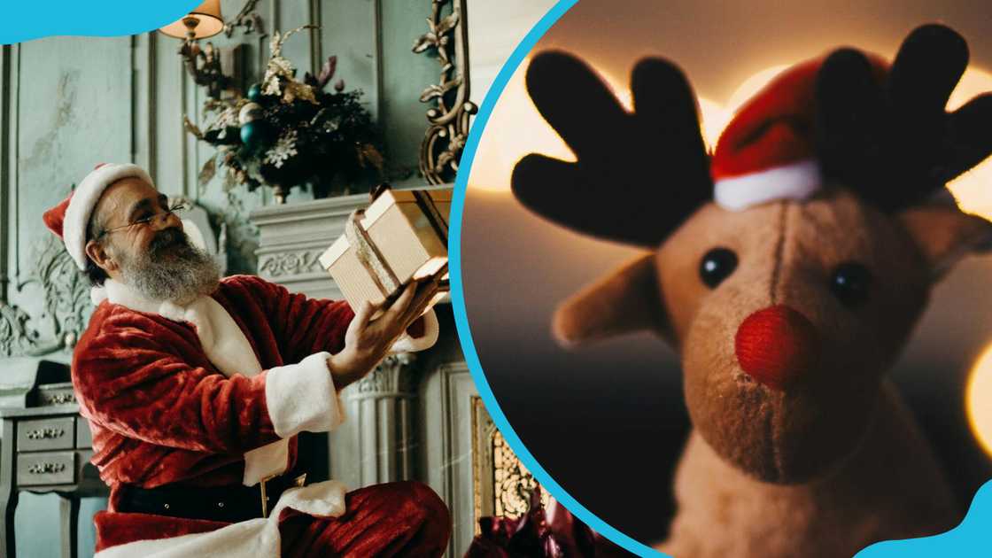 A man in Santa's iconic red suit holds a gift box (L). Rudolph the Red-Nosed Reindeer plush toy (R)