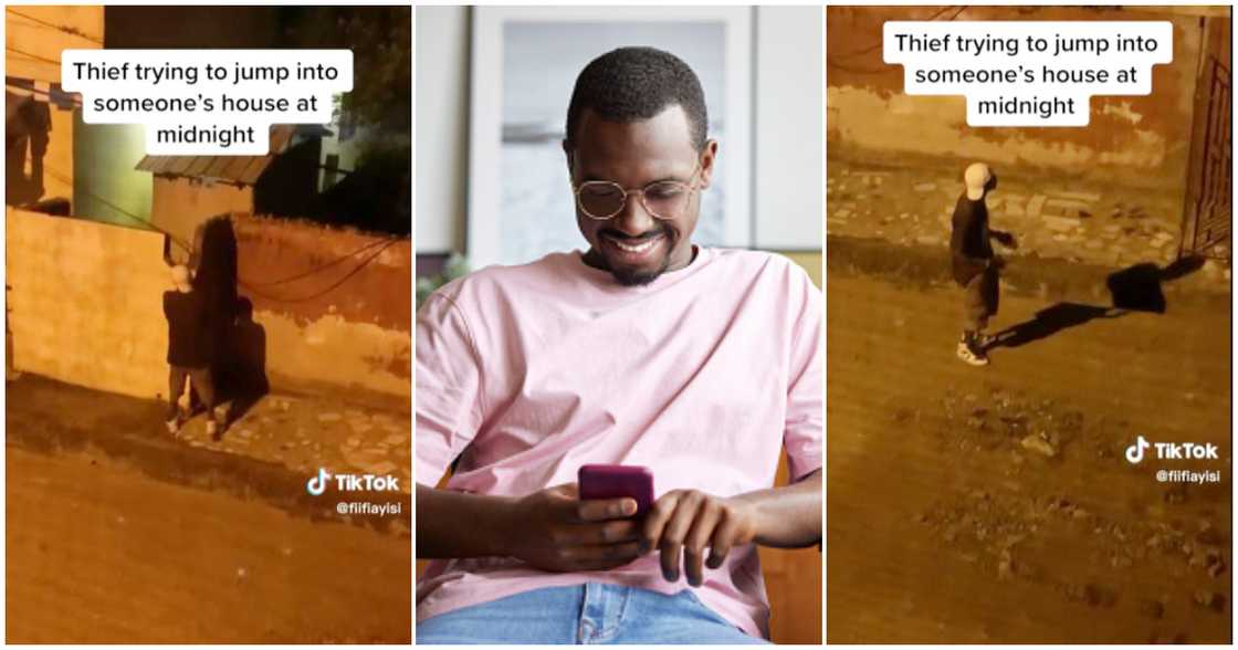 Photos of a man looking at his phone and a thief attempting to break into a house Photos of a man looking at his phone and a thief attempting to break into a house