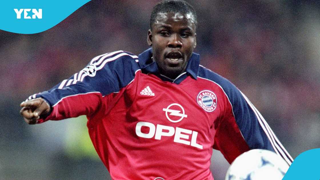 Sammy Kuffour in action for Bayern Munich against Real Madrid in the 2000 UEFA Champions League. Photo by Alex Livesey. Sammy Kuffour in action for Bayern Munich against Real Madrid in the 2000 UEFA Champions League. Photo by Alex Livesey.