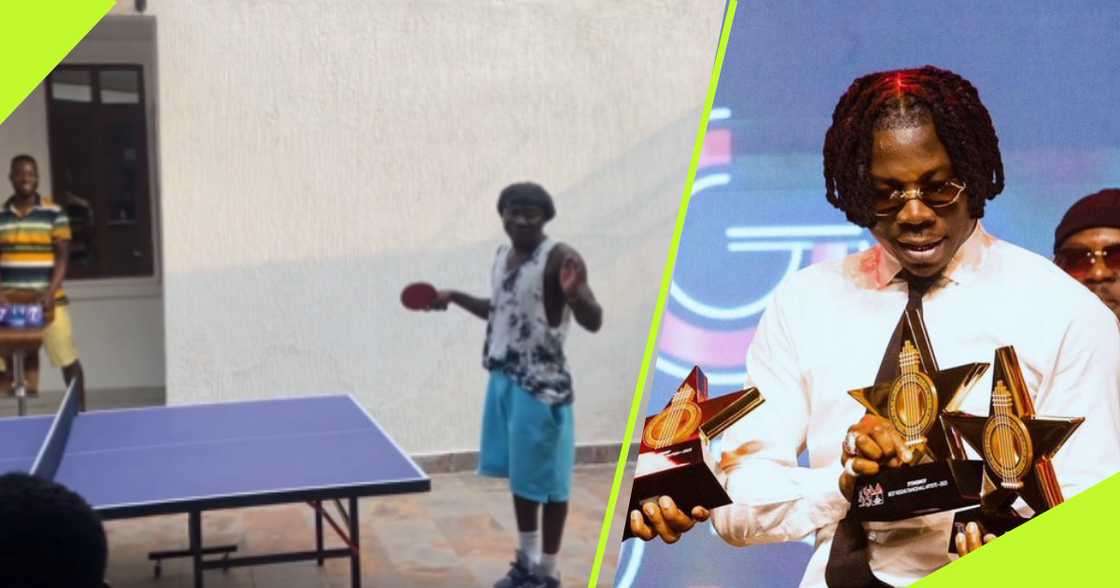 Stonebwoy plays table tennis.