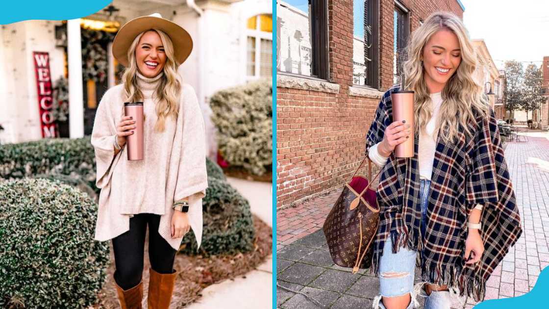 A lady in plain and patterned ponchos. A lady in plain and patterned ponchos.