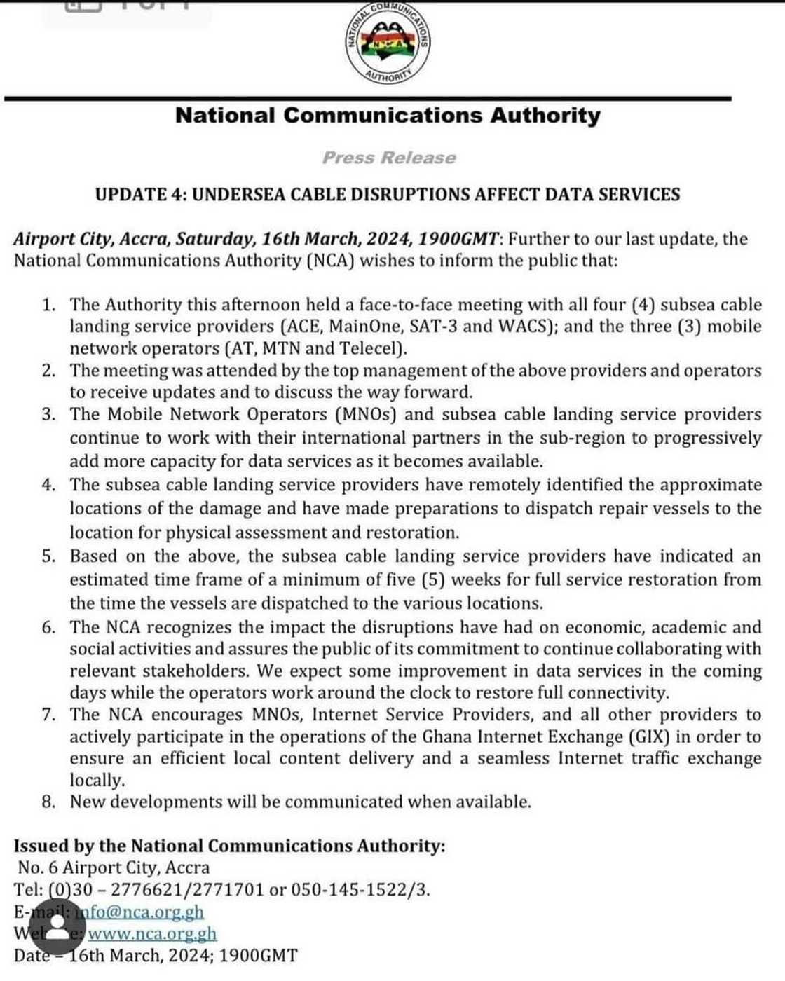 NCA statement about undersea cable disruptions.