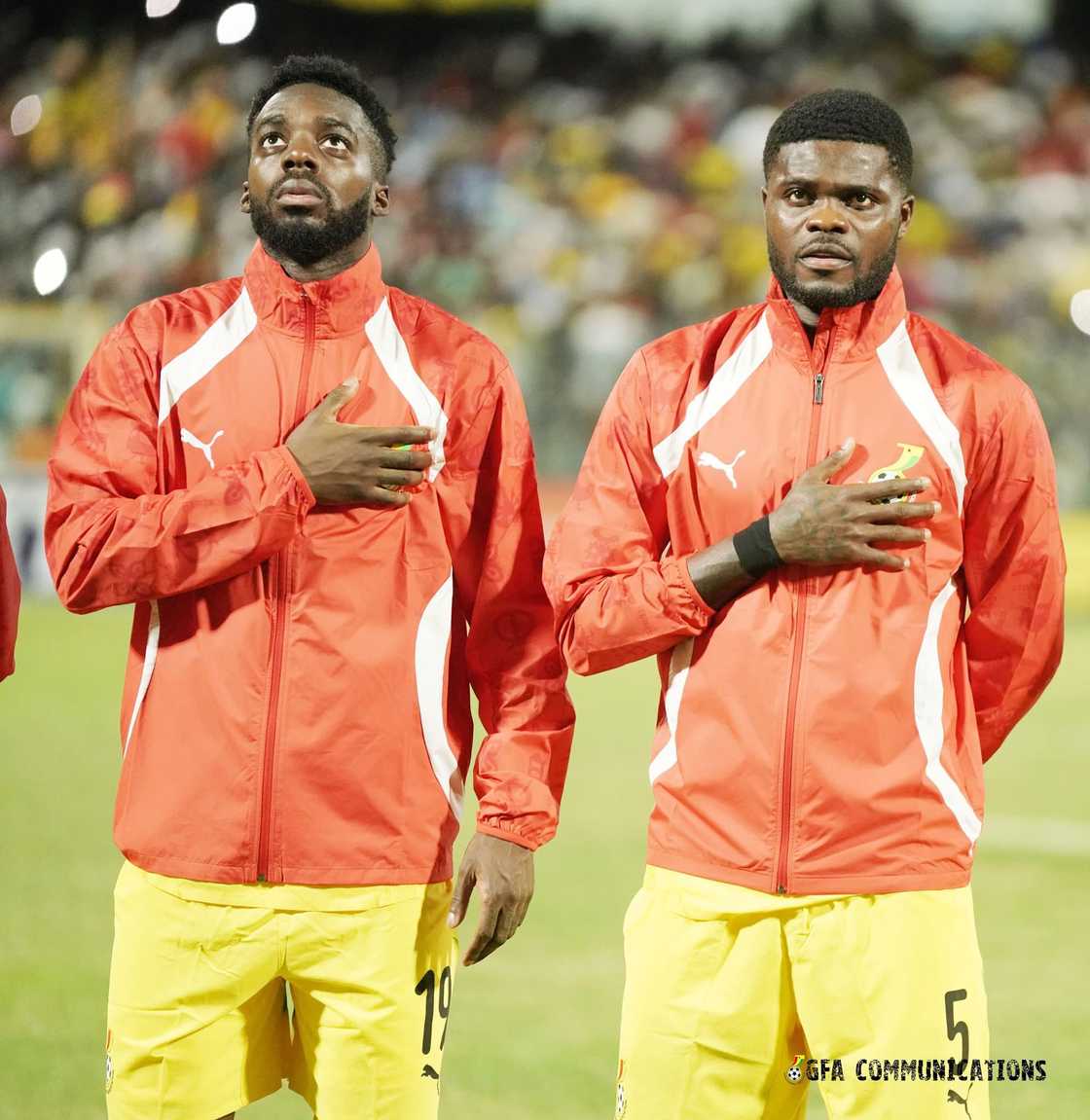 Athletic Bilbao's Inaki Williams and Arsenal's Thomas Partey during the Ghana anthem rendition ahead of Fhana vs Chad WC qualifier on March 21, 2025 Athletic Bilbao's Inaki Williams and Arsenal's Thomas Partey during the Ghana anthem rendition ahead of Fhana vs Chad WC qualifier on March 21, 2025